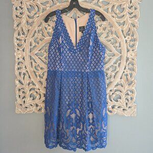 Adrianna Papell Blue Lace V-Neck Fit & Flare Dress Sz 14